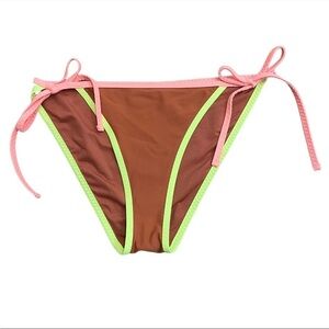 NEW aerie Brown Tie Waist Bikini Bottoms Swim Briefs Strappy Neon Trim